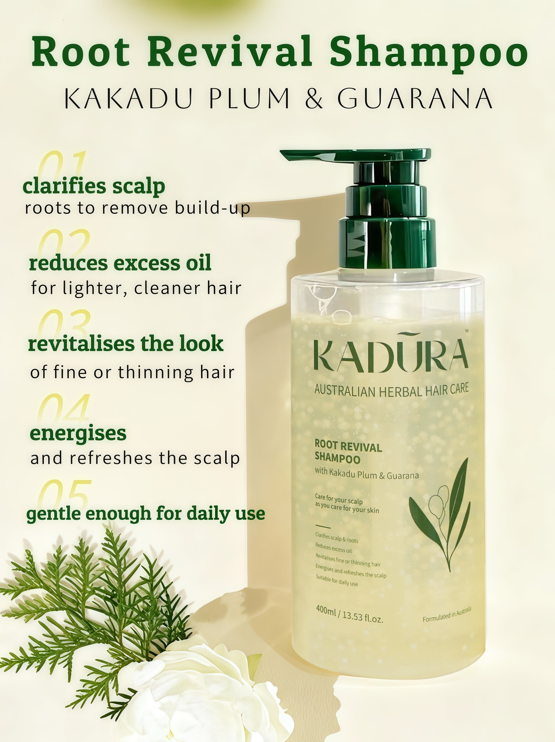 Root Revival Shampoo with Kakadu Plum & Guarana – Clarifying & Energising | 400ml