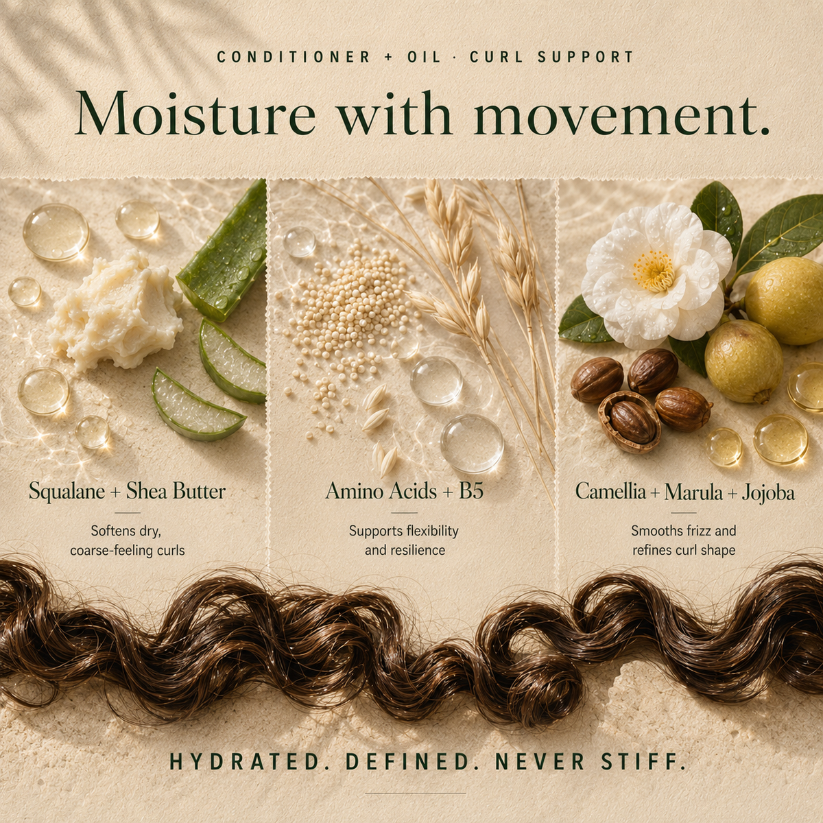 Kadūra CurlDefine Trio conditioner and hair oil ingredient guide: squalane, shea butter, amino acids, B5, camellia, marula and jojoba.