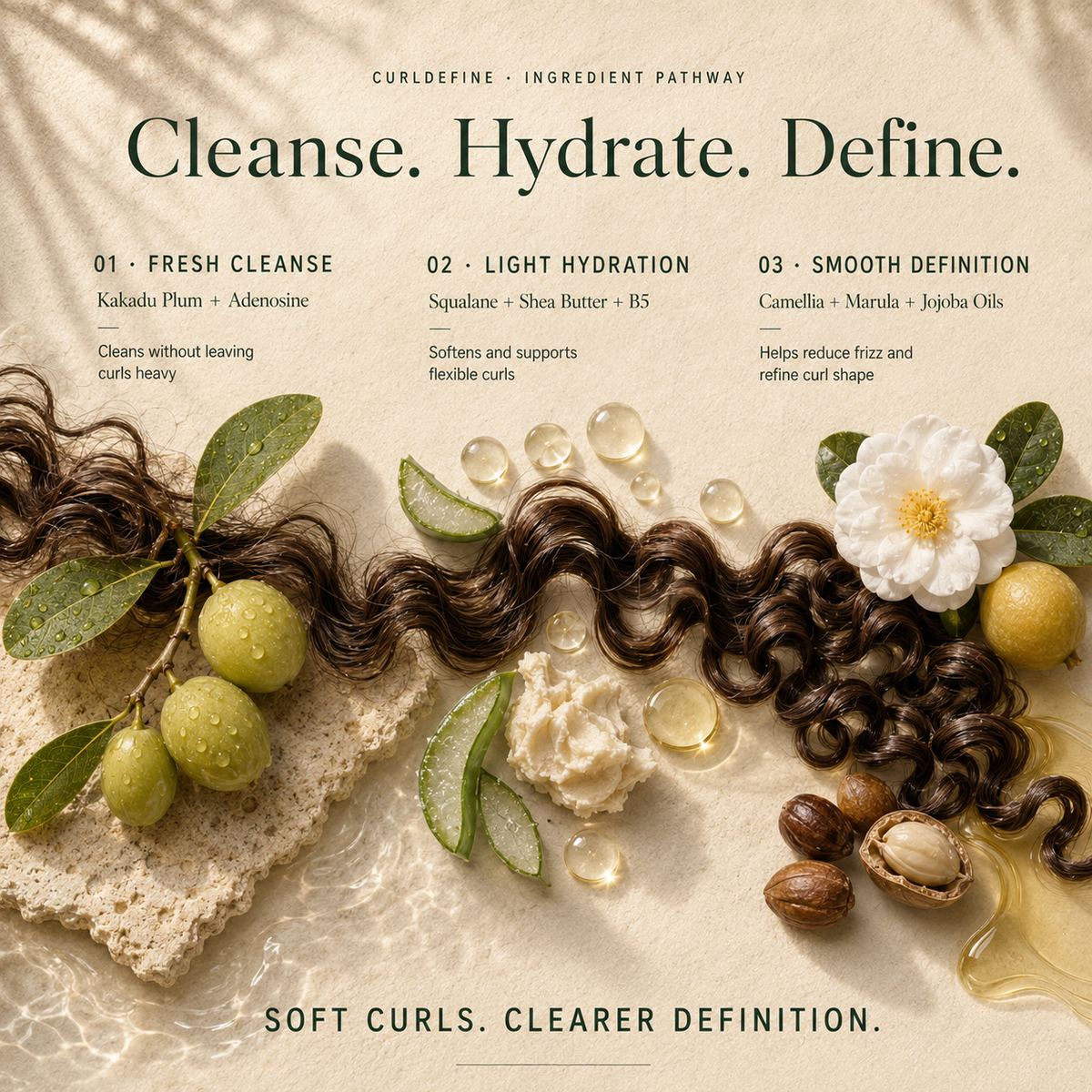 Kadūra CurlDefine Trio for Curly Hair ingredient guide showing three steps: cleanse, hydrate and define curls.
