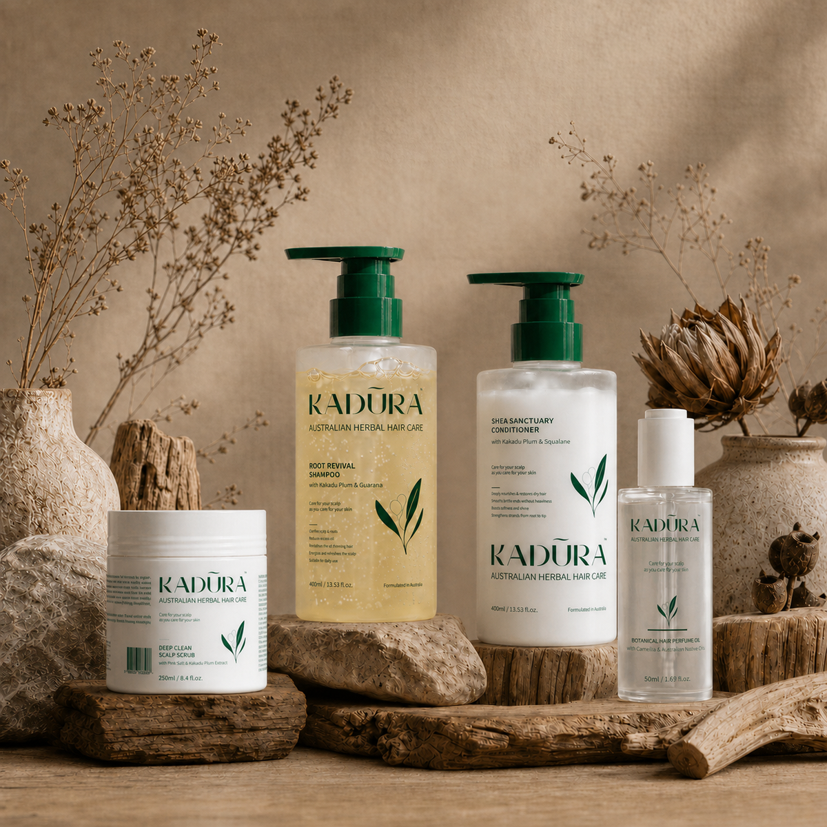 Kadūra Balance &amp; Repair Set for oily scalp and dry ends in an earthy botanical display