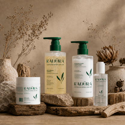 Kadūra Balance &amp; Repair Set for oily scalp and dry ends in an earthy botanical display