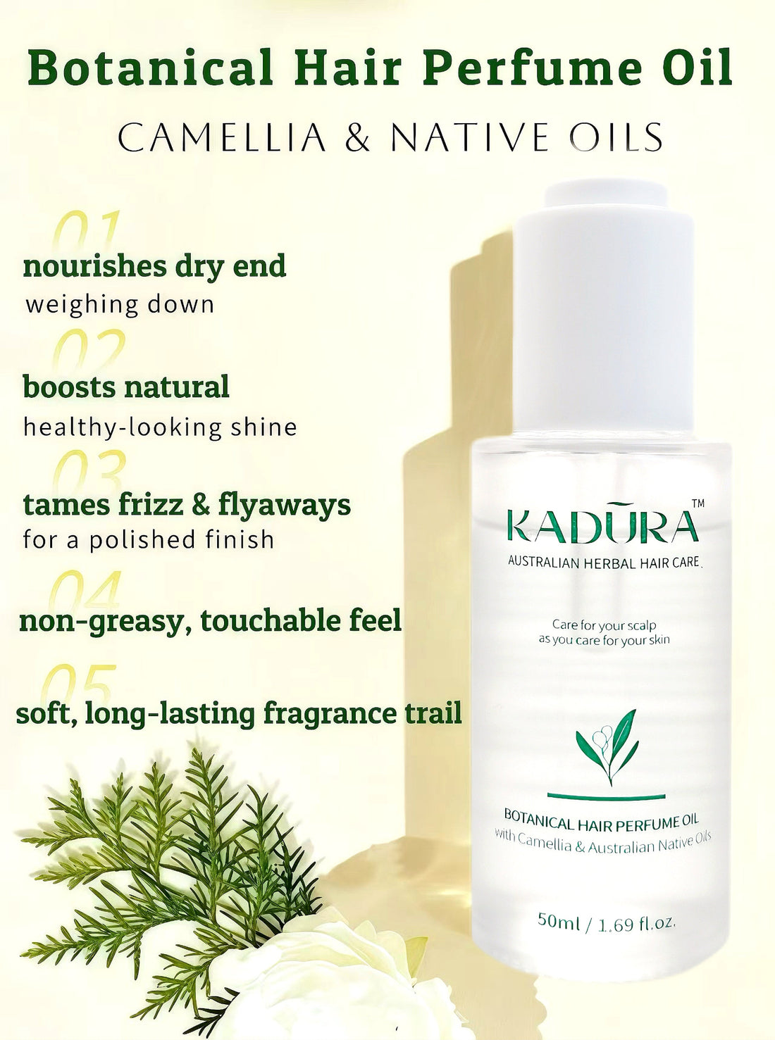 Kadura Botanical Hair Perfume Oil with camellia and native oils on a light background
