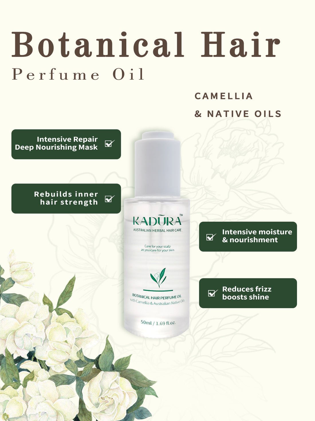 Botanical Hair Perfume Oil with Camellia &amp; Australian Native Oils – Shine, Frizz Control | 50ml