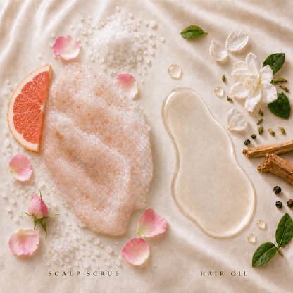 Kadūra scalp scrub and hair oil textures styled with citrus, floral and botanical elements