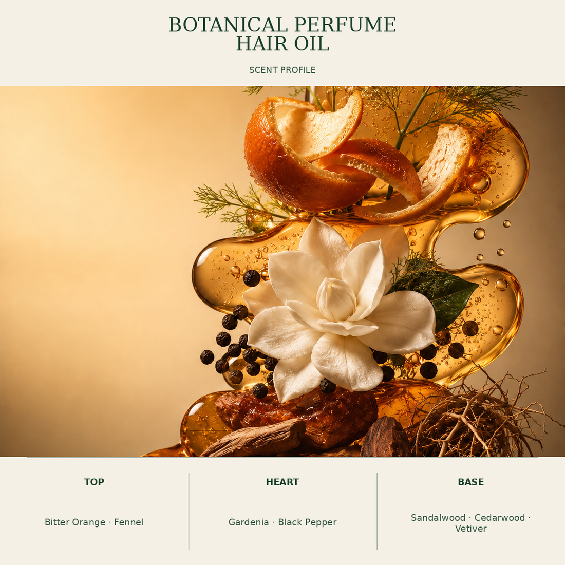 Botanical fragrance notes for Kadūra Botanical Perfume Hair Oil