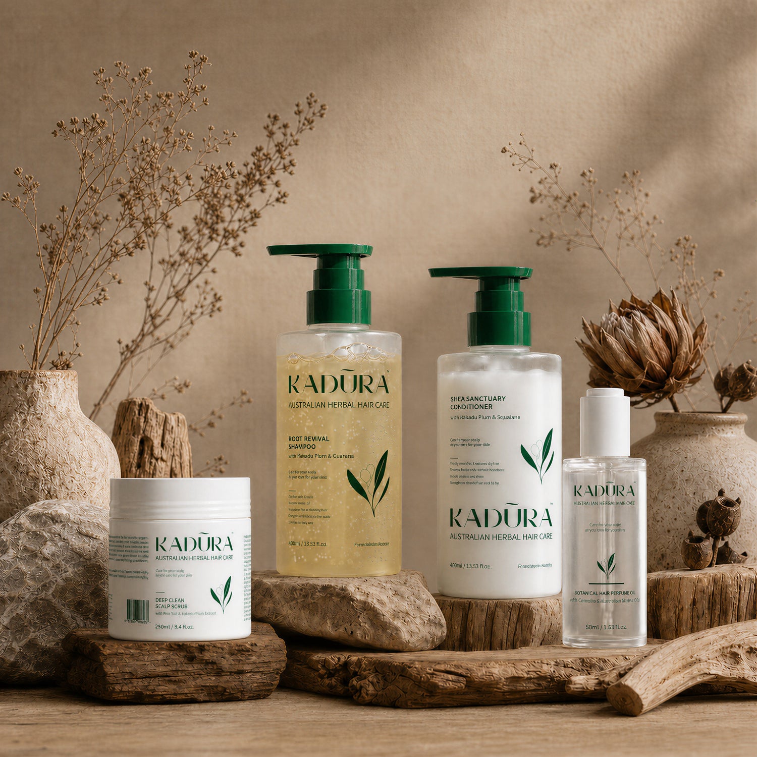 Kadūra Balance &amp; Repair Set for oily scalp and dry ends in an earthy botanical display