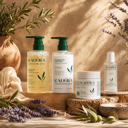 Kadūra Balance &amp; Repair Set for oily scalp and dry ends in a sunlit olive and lavender display