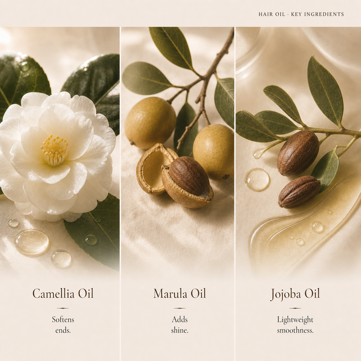 Camellia, marula and jojoba oils in Kadūra Botanical Perfume Hair Oil for dry ends