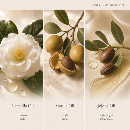 Camellia, marula and jojoba oils in Kadūra Botanical Perfume Hair Oil for dry ends