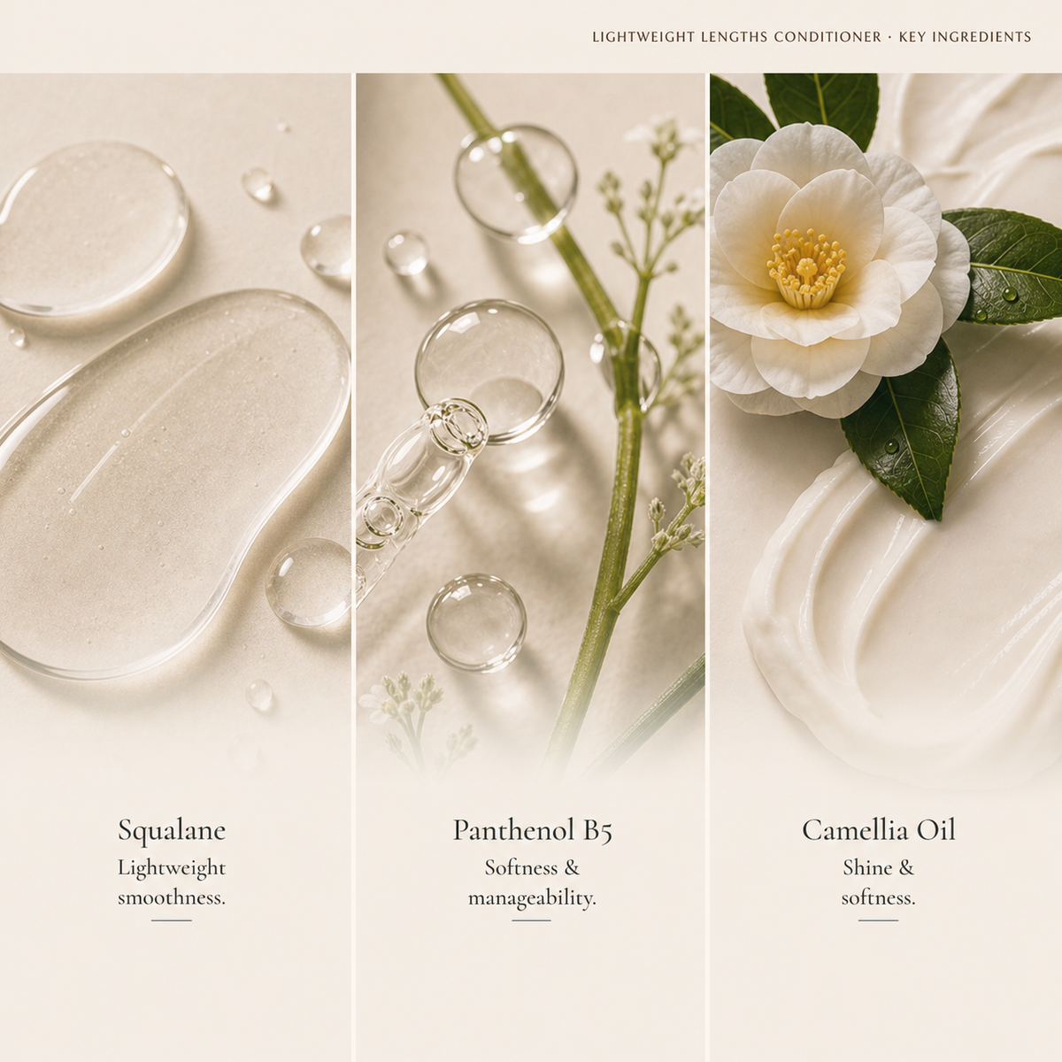 Squalane, panthenol B5 and camellia oil featured in Kadūra Lightweight Lengths Conditioner