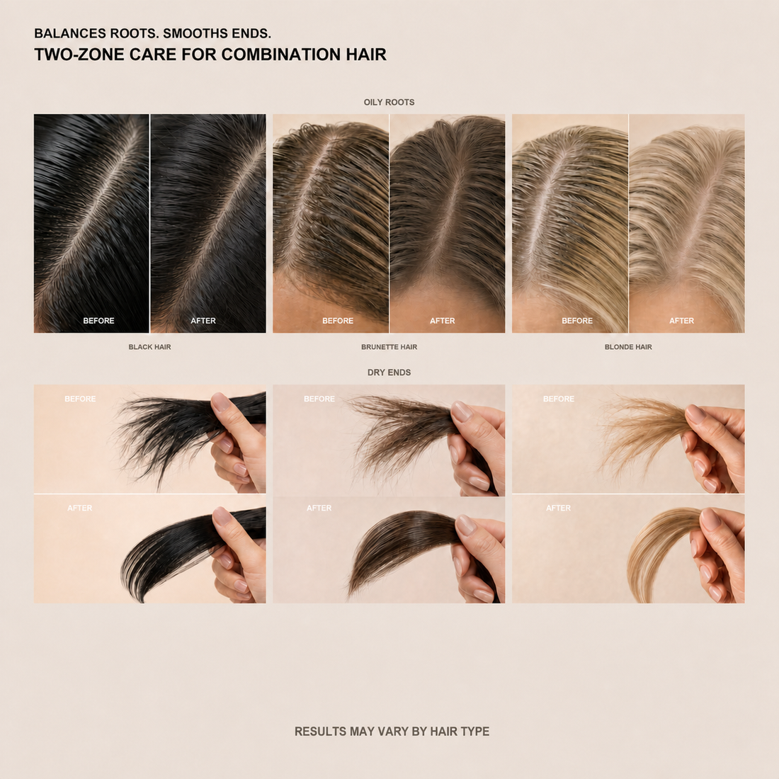Visual comparison of oily roots and dry ends across black, brunette and blonde combination hair