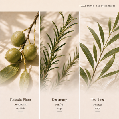 Kakadu plum, rosemary and tea tree in Kadūra Deep Purifying Scalp Scrub for oily scalp