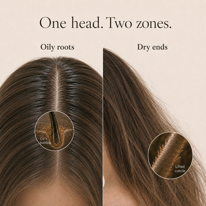Diagram showing oily roots with buildup and dry ends with lifted cuticles in combination hair