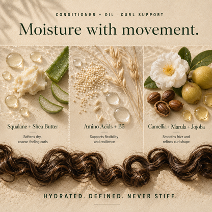 Kadūra CurlDefine Trio conditioner and hair oil ingredient guide: squalane, shea butter, amino acids, B5, camellia, marula and jojoba.