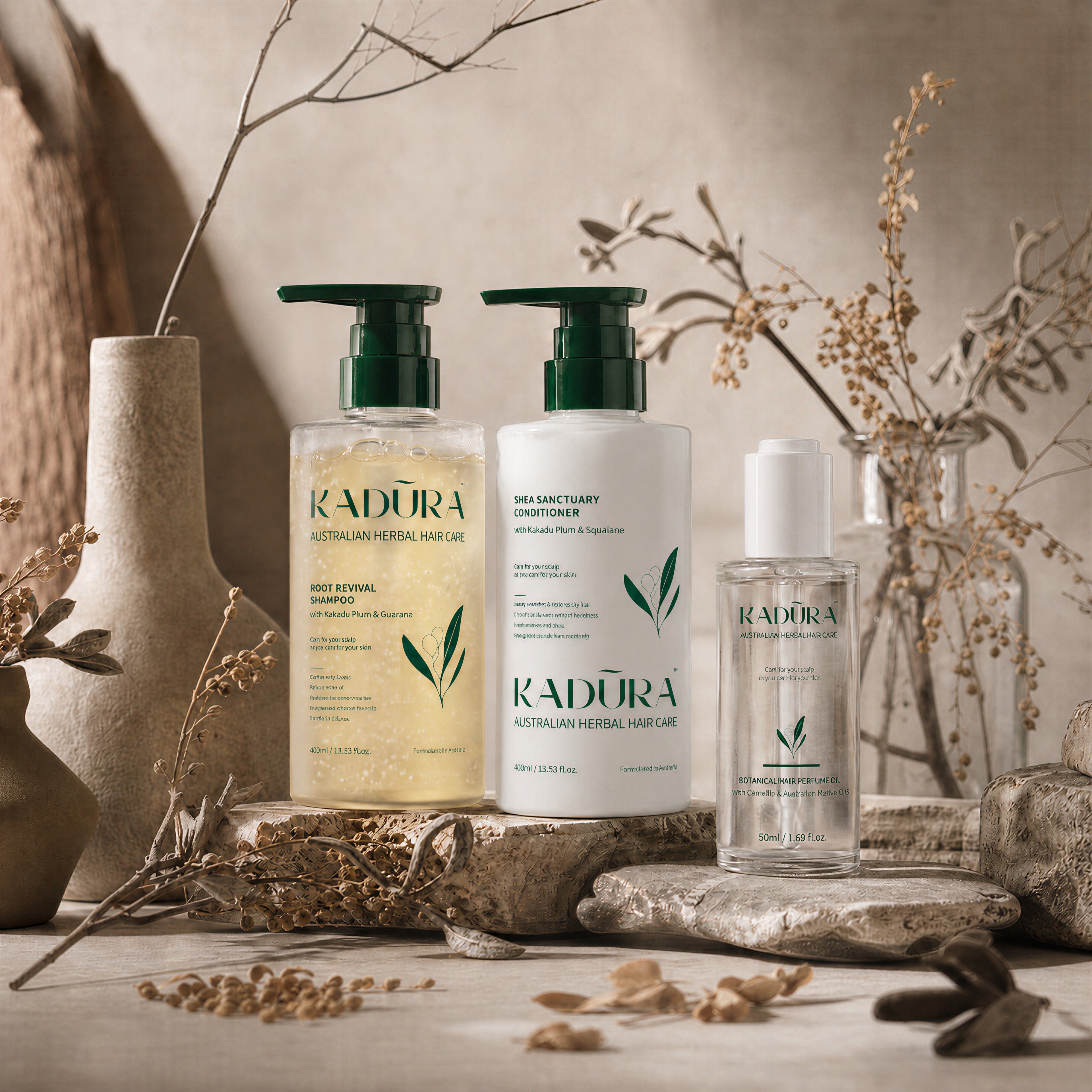 Kadūra CurlDefine Trio for curly hair with shampoo, conditioner and botanical hair perfume oil in an earthy botanical display