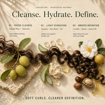 Kadūra CurlDefine Trio for Curly Hair ingredient guide showing three steps: cleanse, hydrate and define curls.