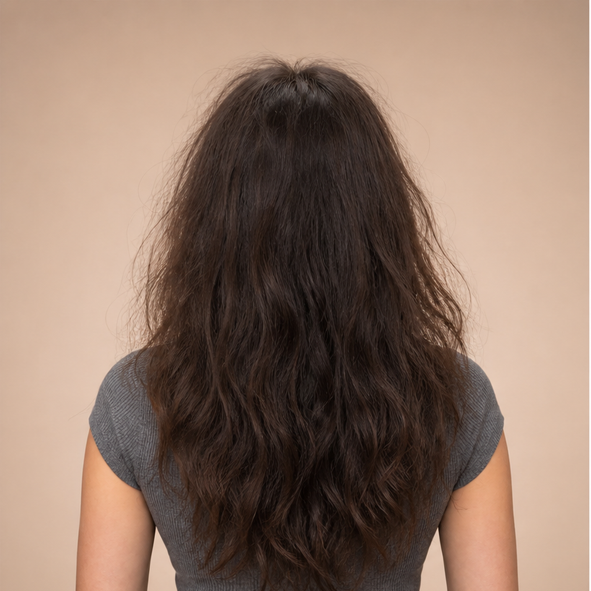 Deep brunette hair with visible frizz before a smoothing routine