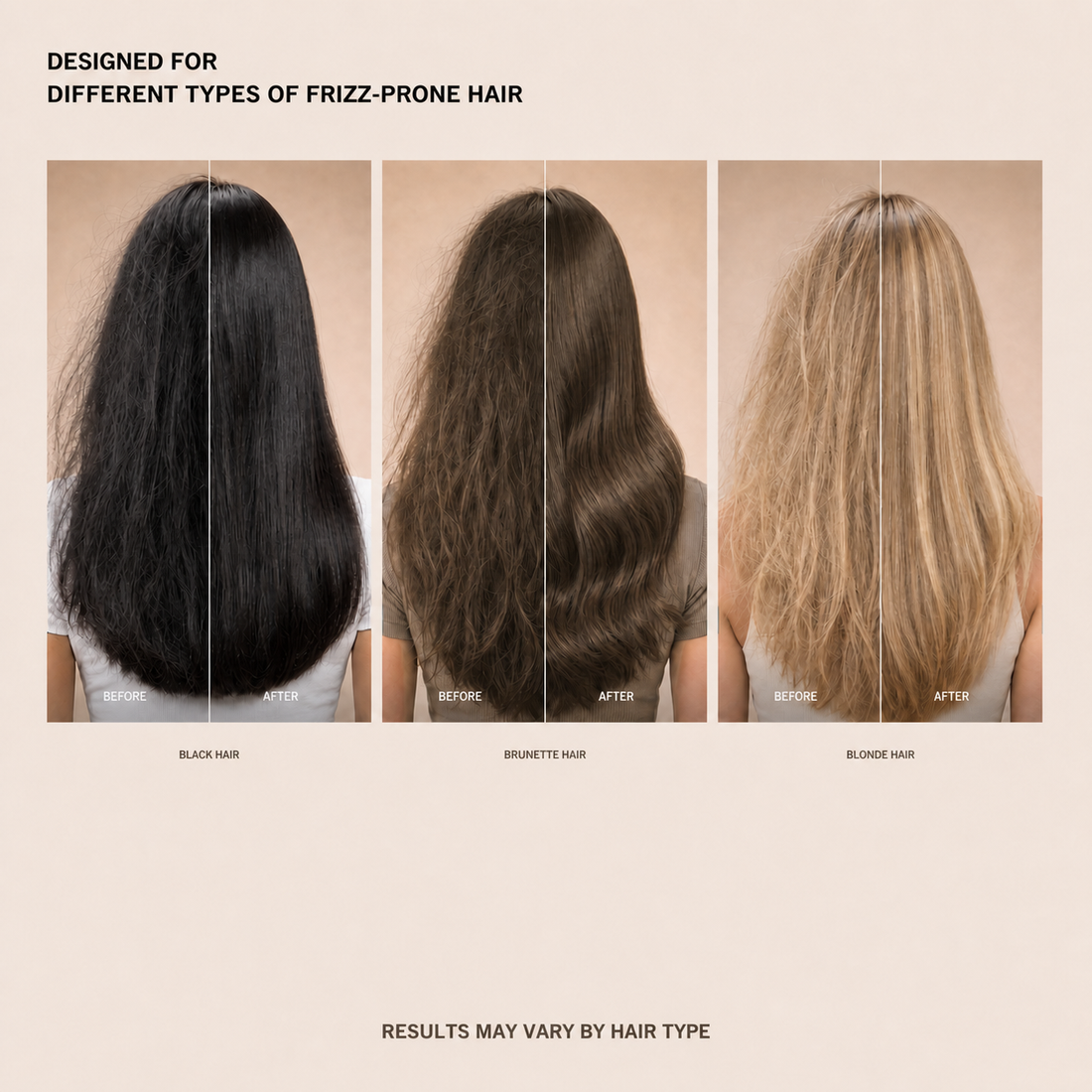 Black, brunette and blonde hair examples showing different types of frizz-prone hair