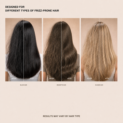 Black, brunette and blonde hair examples showing different types of frizz-prone hair