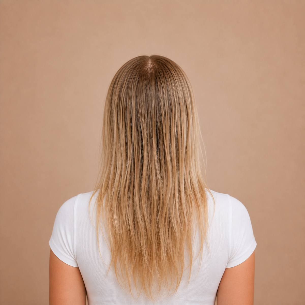 Blonde hair before image from Kadūra's oily scalp and fine hair comparison