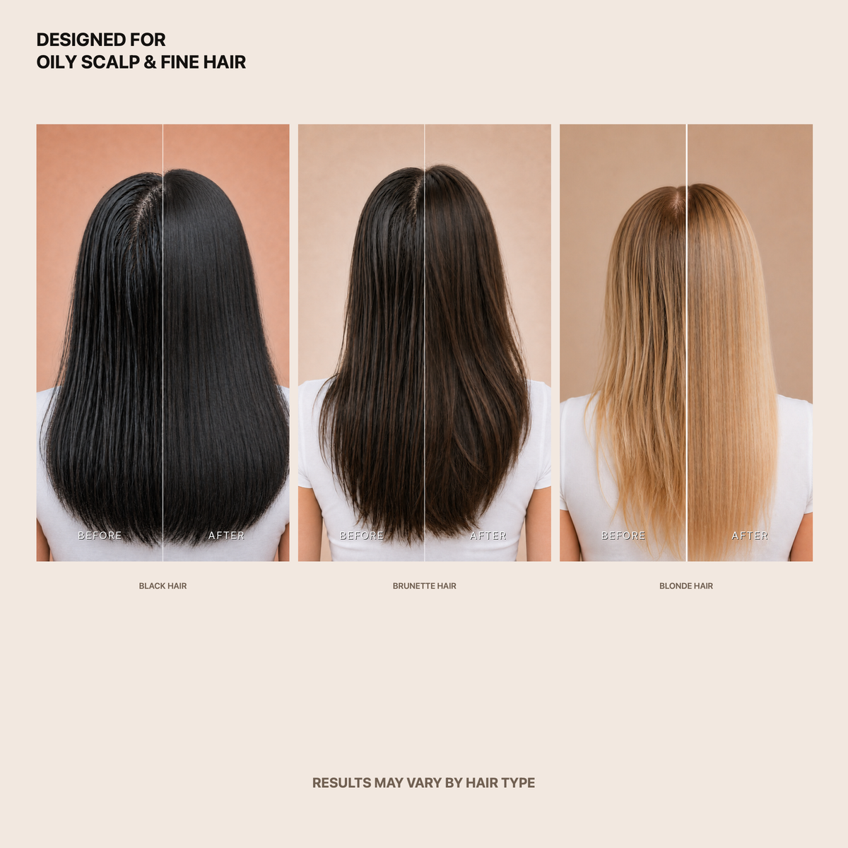 Kadūra before-and-after hair comparison for oily scalp and fine hair across black, brunette and blonde hair; results may vary by hair type