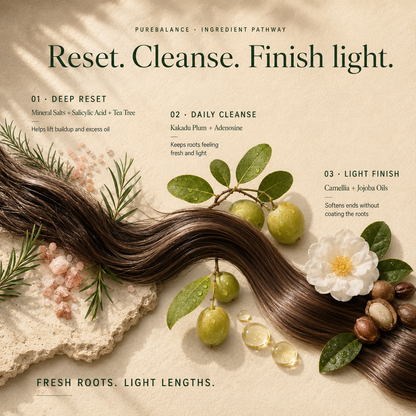 Kadūra PureBalance Trio ingredient guide for oily scalp and hair: scalp reset, daily cleansing and a light finish for ends.
