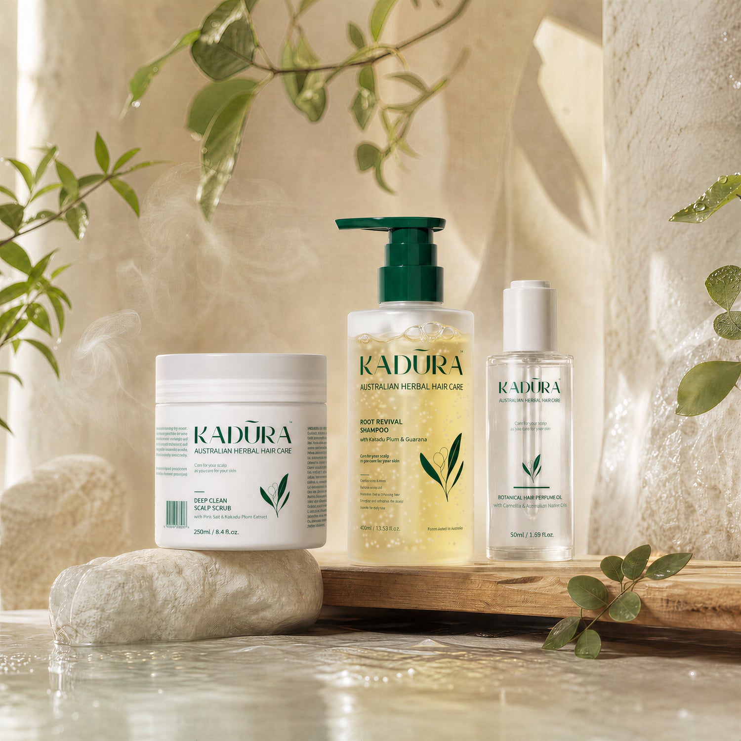 Kadūra PureBalance Trio for oily scalp and oily hair on an airy botanical tray display