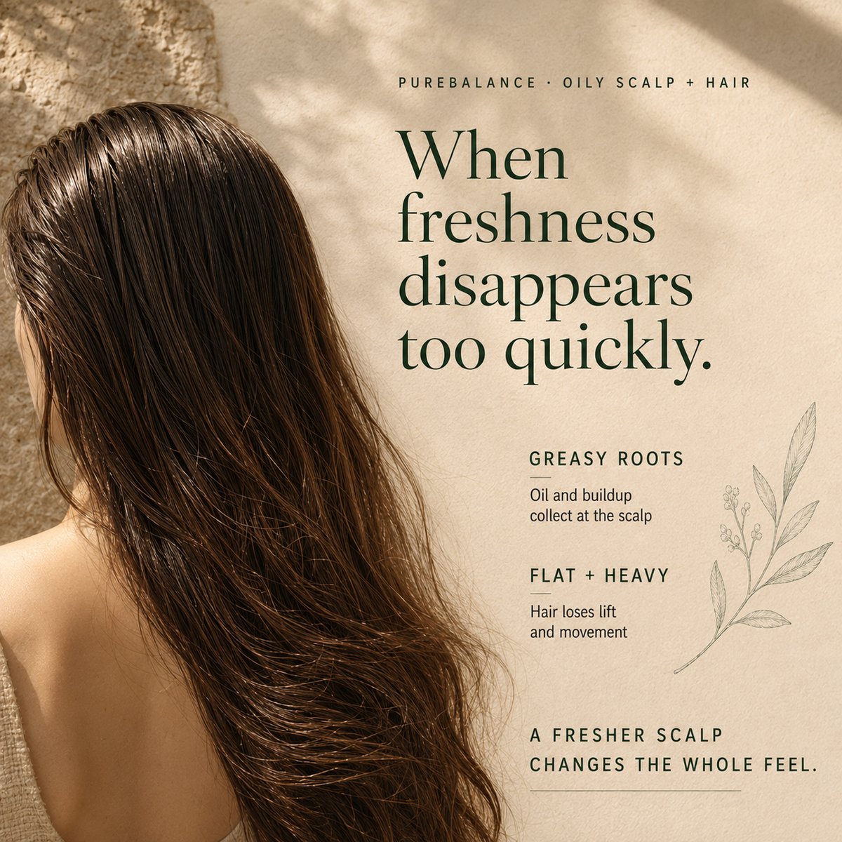 Kadūra PureBalance Trio for Oily Scalp &amp; Oily Hair: woman with flat, greasy-looking roots beside notes on oil and scalp buildup.