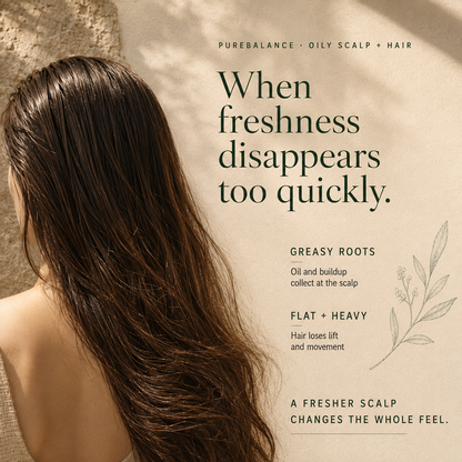 Kadūra PureBalance Trio for Oily Scalp &amp; Oily Hair: woman with flat, greasy-looking roots beside notes on oil and scalp buildup.