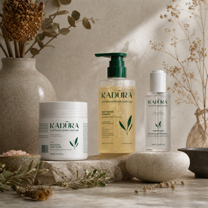 Kadūra PureBalance Trio for oily scalp and oily hair in an earthy botanical display