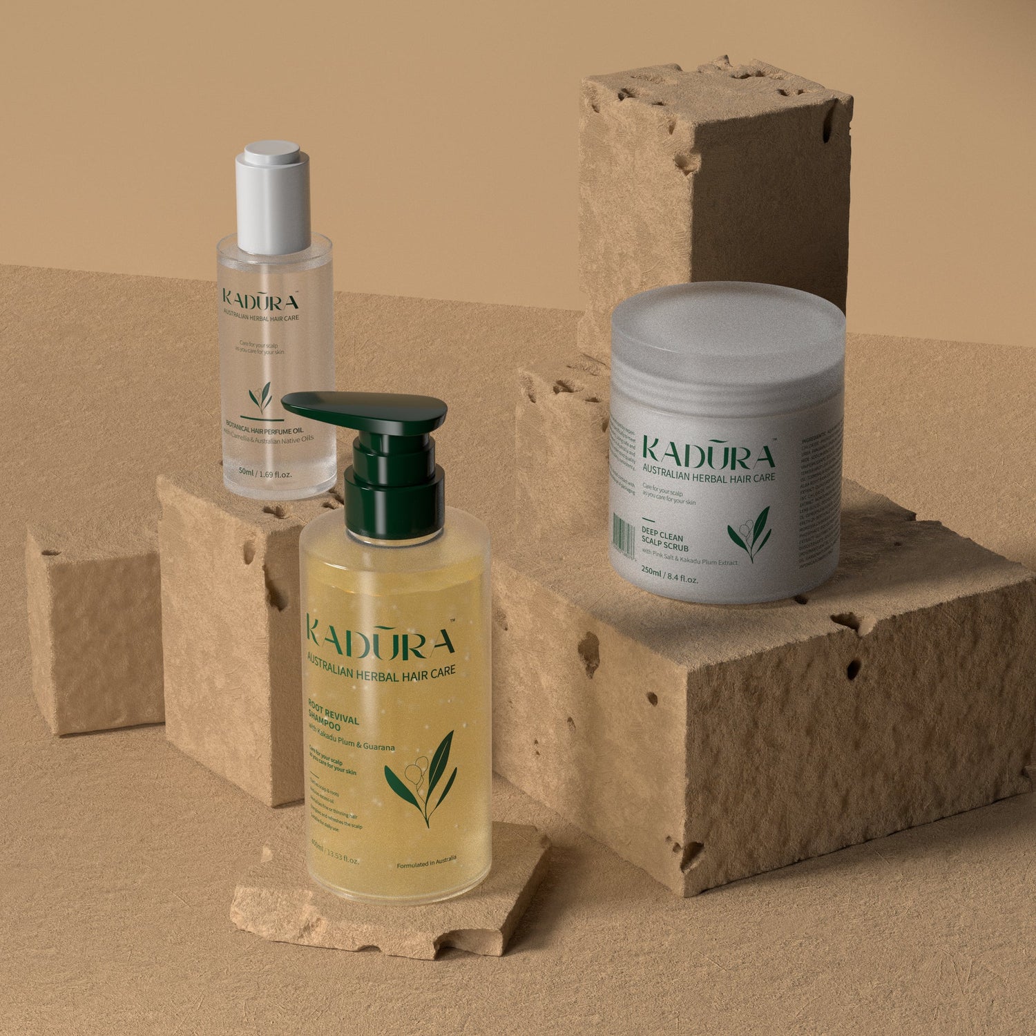 Kadūra PureBalance Trio for oily scalp and oily hair on a warm stacked stone display