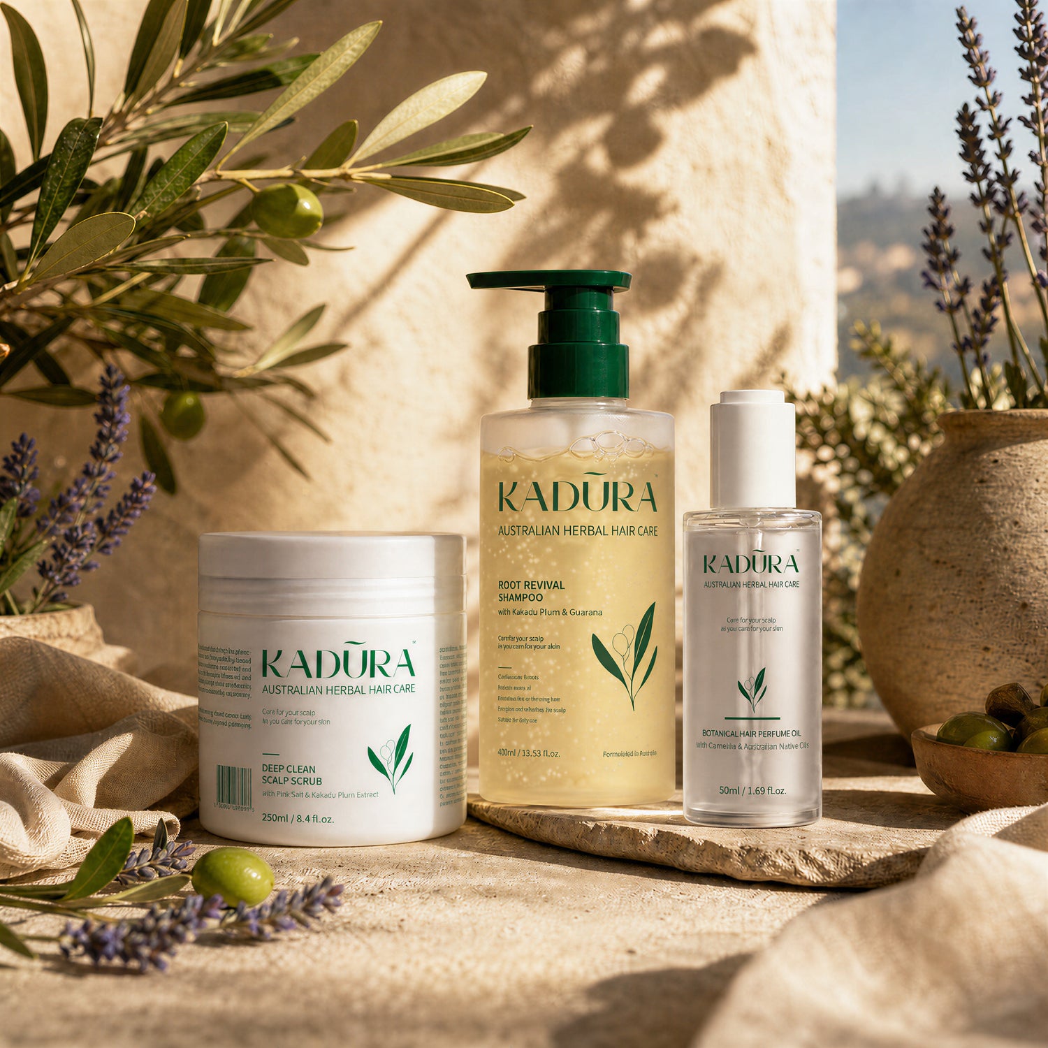 Kadūra PureBalance Trio for oily scalp and oily hair in a sunlit olive botanical display