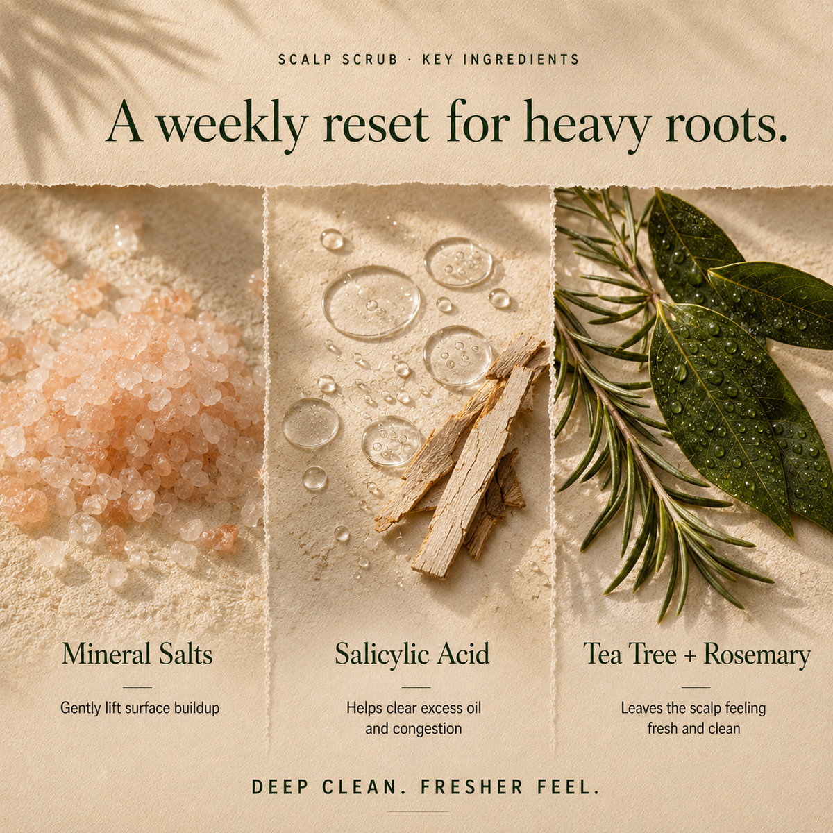 Kadūra PureBalance Trio scalp scrub ingredient graphic featuring mineral salts, salicylic acid, tea tree and rosemary.