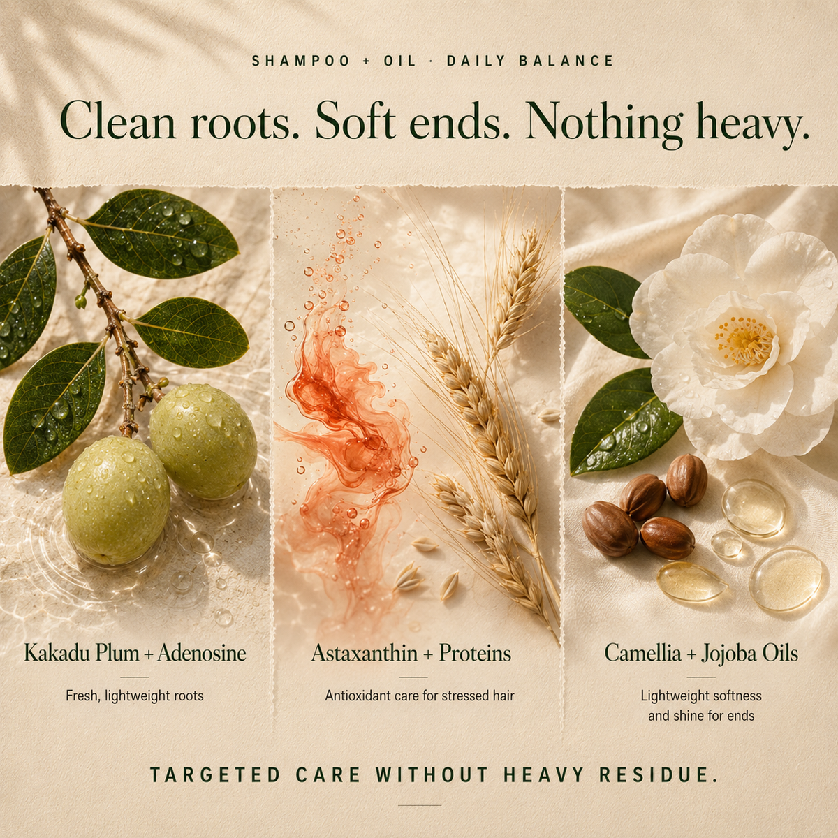 Kadūra PureBalance Trio shampoo and hair oil ingredient graphic: Kakadu plum, adenosine, astaxanthin, proteins, camellia and jojoba oils.