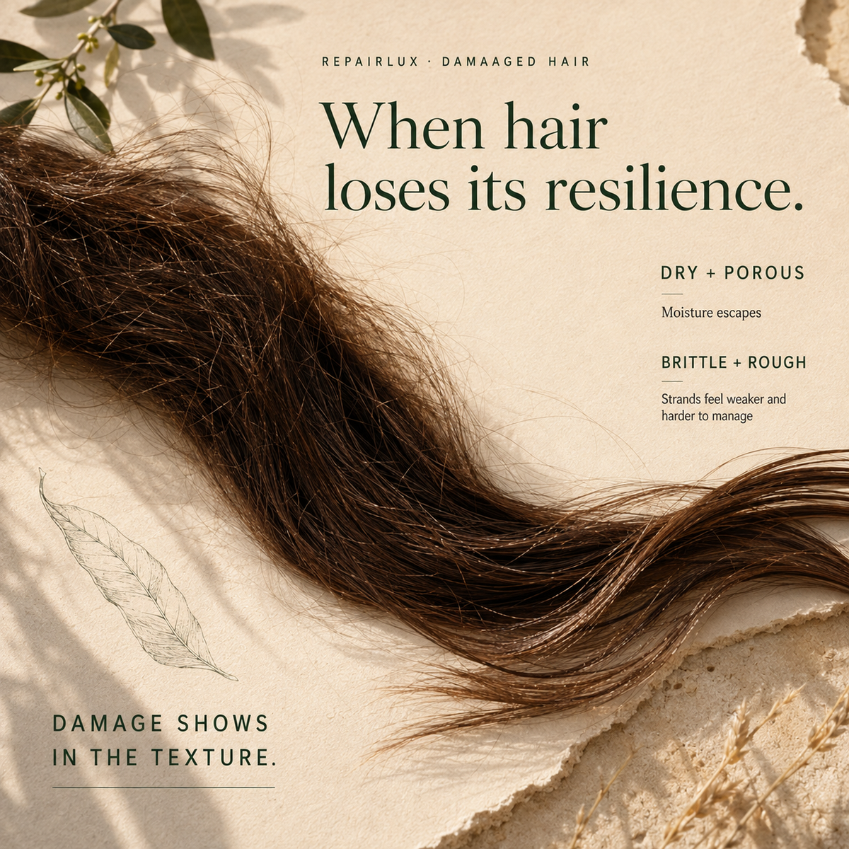 Kadūra RepairLux guide to dry, damaged hair concerns, including rough texture, porosity, and brittle-looking lengths