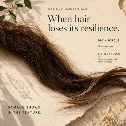 Kadūra RepairLux guide to dry, damaged hair concerns, including rough texture, porosity, and brittle-looking lengths
