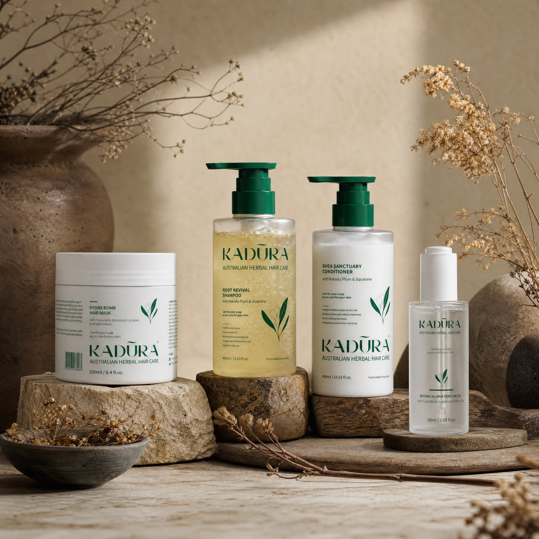 Kadūra RepairLux damaged hair care set with shampoo, conditioner, hair mask and botanical hair oil
