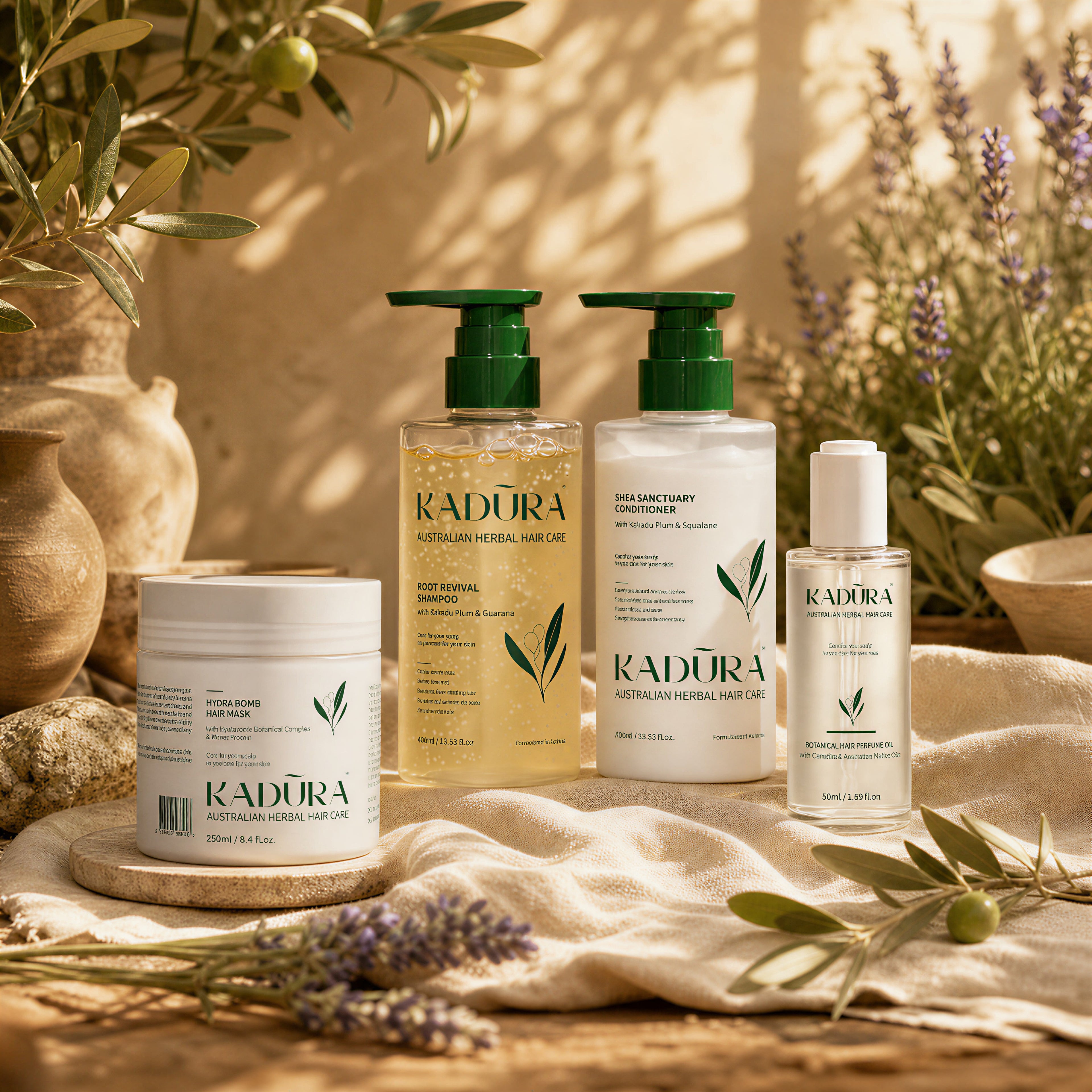 Kadūra RepairLux Set for damaged hair in a warm lavender botanical display