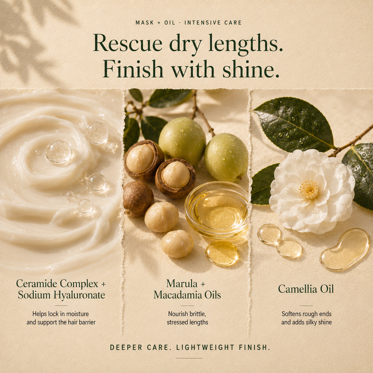 Kadūra RepairLux intensive care key ingredients for damaged hair: ceramide complex, sodium hyaluronate, marula, macadamia, and camellia oils