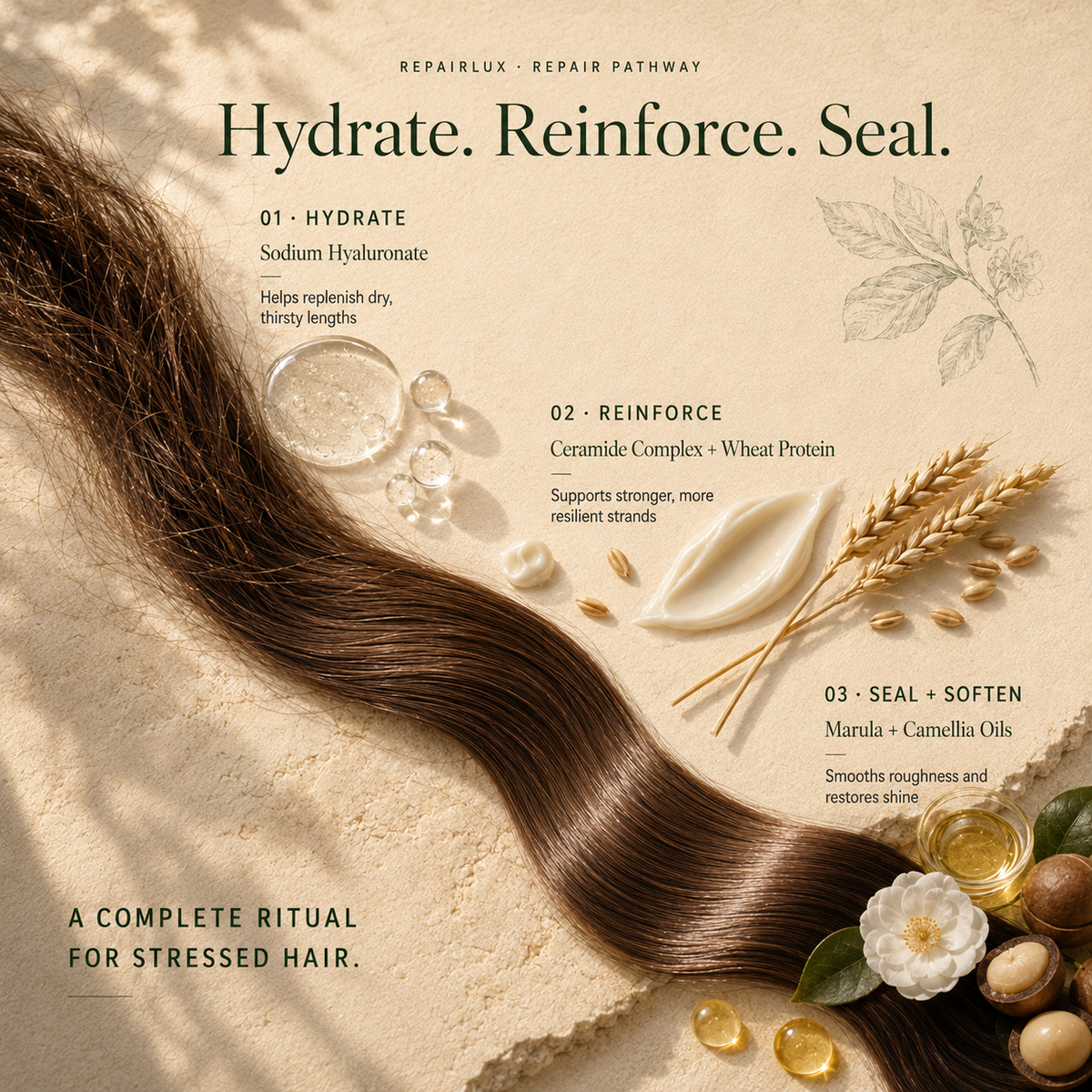 Kadūra RepairLux repair care pathway for damaged hair: hydrate, reinforce, and seal