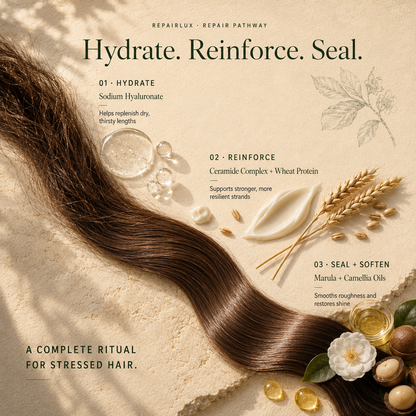 Kadūra RepairLux repair care pathway for damaged hair: hydrate, reinforce, and seal