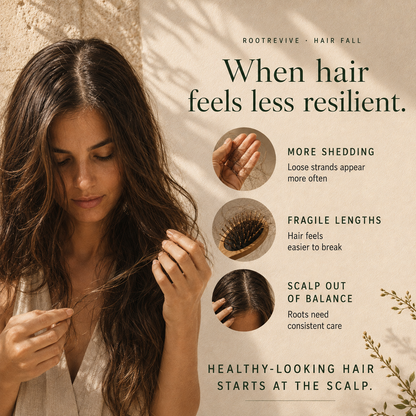 Kadūra RootRevive Scalp Care Trio for Hair Fall: woman examining her hair, with close-ups of loose strands, a hairbrush and scalp.