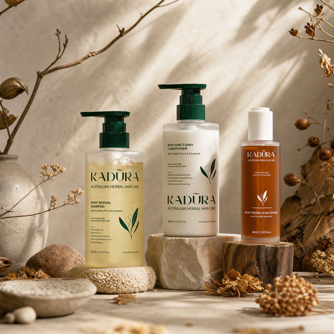 Kadūra RootRevive Scalp Care Trio for hair fall with shampoo, conditioner and scalp serum in an earthy botanical setting