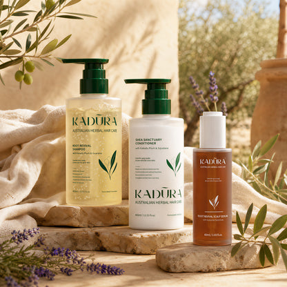 Kadūra RootRevive Scalp Care Trio for hair fall with shampoo, conditioner and scalp serum in a sunlit botanical setting