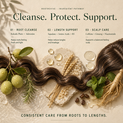 Kadūra RootRevive Scalp Care Trio for Hair Fall ingredient guide: root cleansing, length support and scalp care.