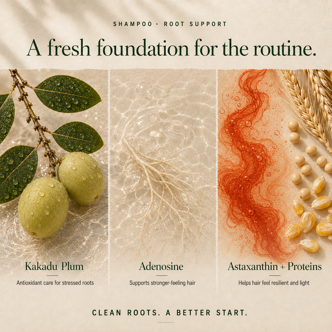 Kadūra RootRevive shampoo ingredient graphic featuring Kakadu plum, adenosine, astaxanthin and proteins.