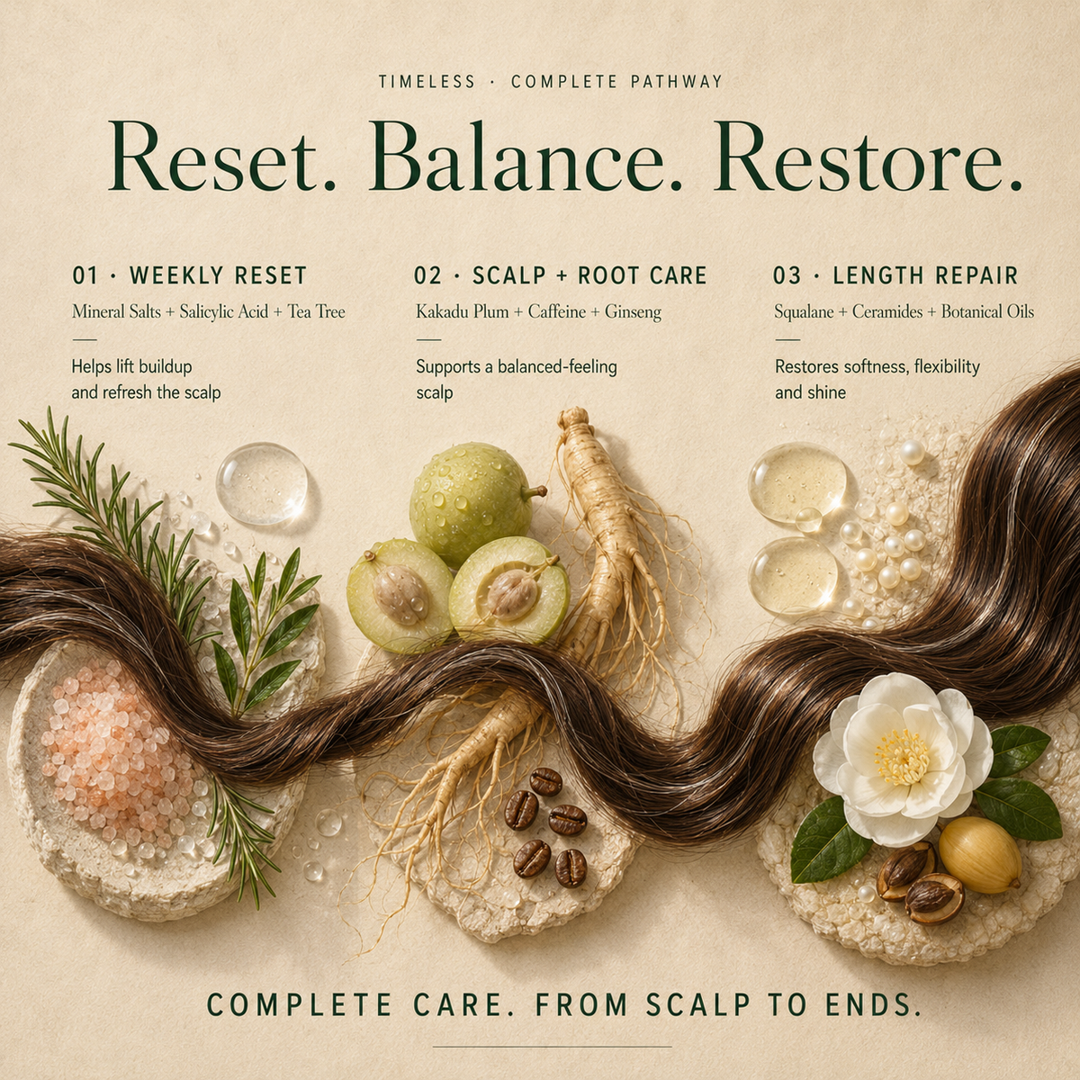 Kadūra Timeless Complete Scalp &amp; Hair Care Set ingredient guide: weekly scalp reset, scalp and root care, and length repair.