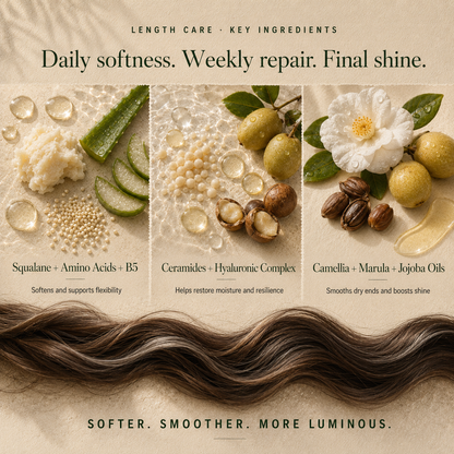 Kadūra Timeless Complete length care ingredients: squalane, amino acids, B5, ceramides, hyaluronic complex and botanical oils.