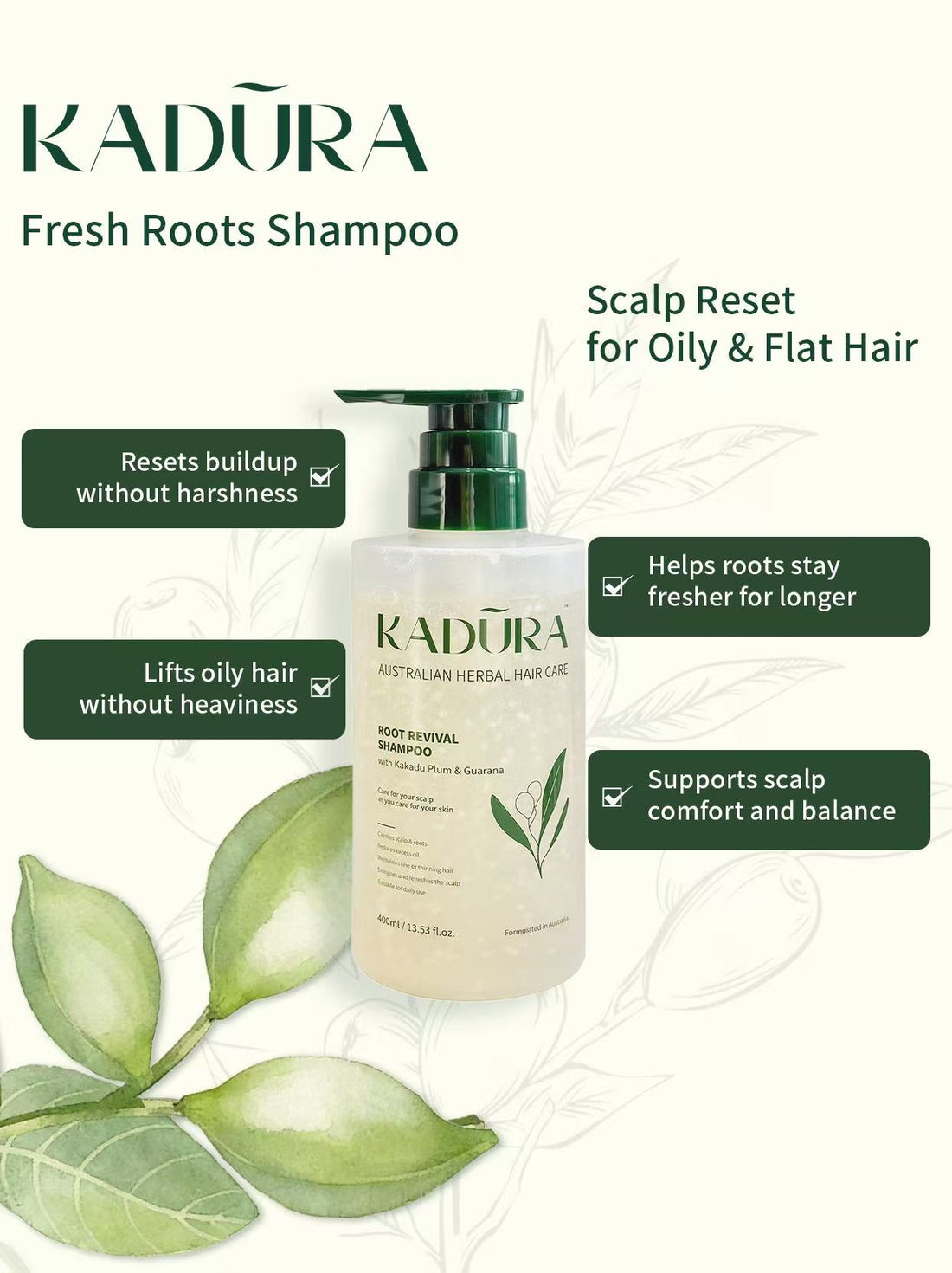 Kadūra Fresh Roots Shampoo-Scalp Reset for Oily &amp; Flat Hair | 400ml