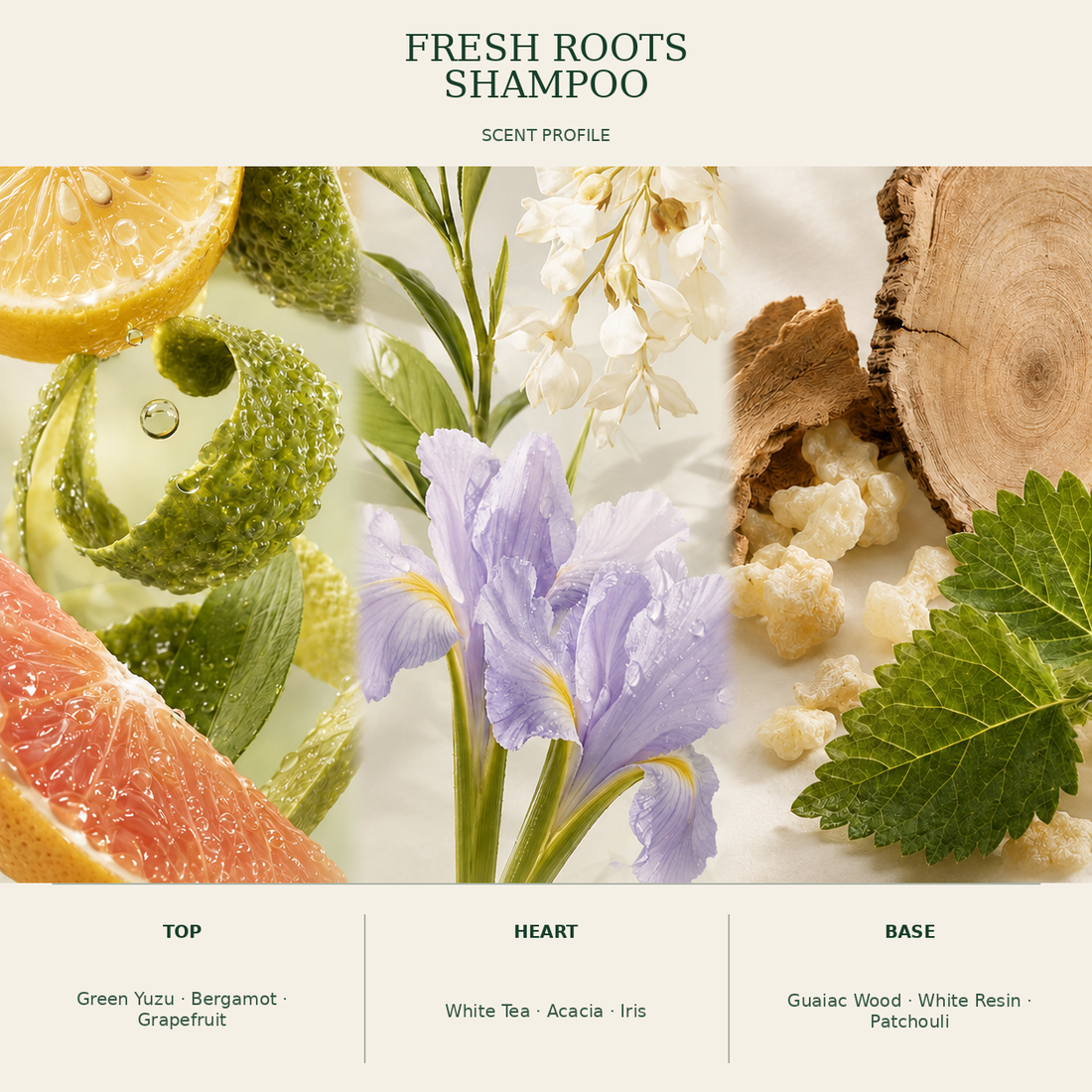 Fresh botanical scent notes for Kadūra Fresh Roots Shampoo